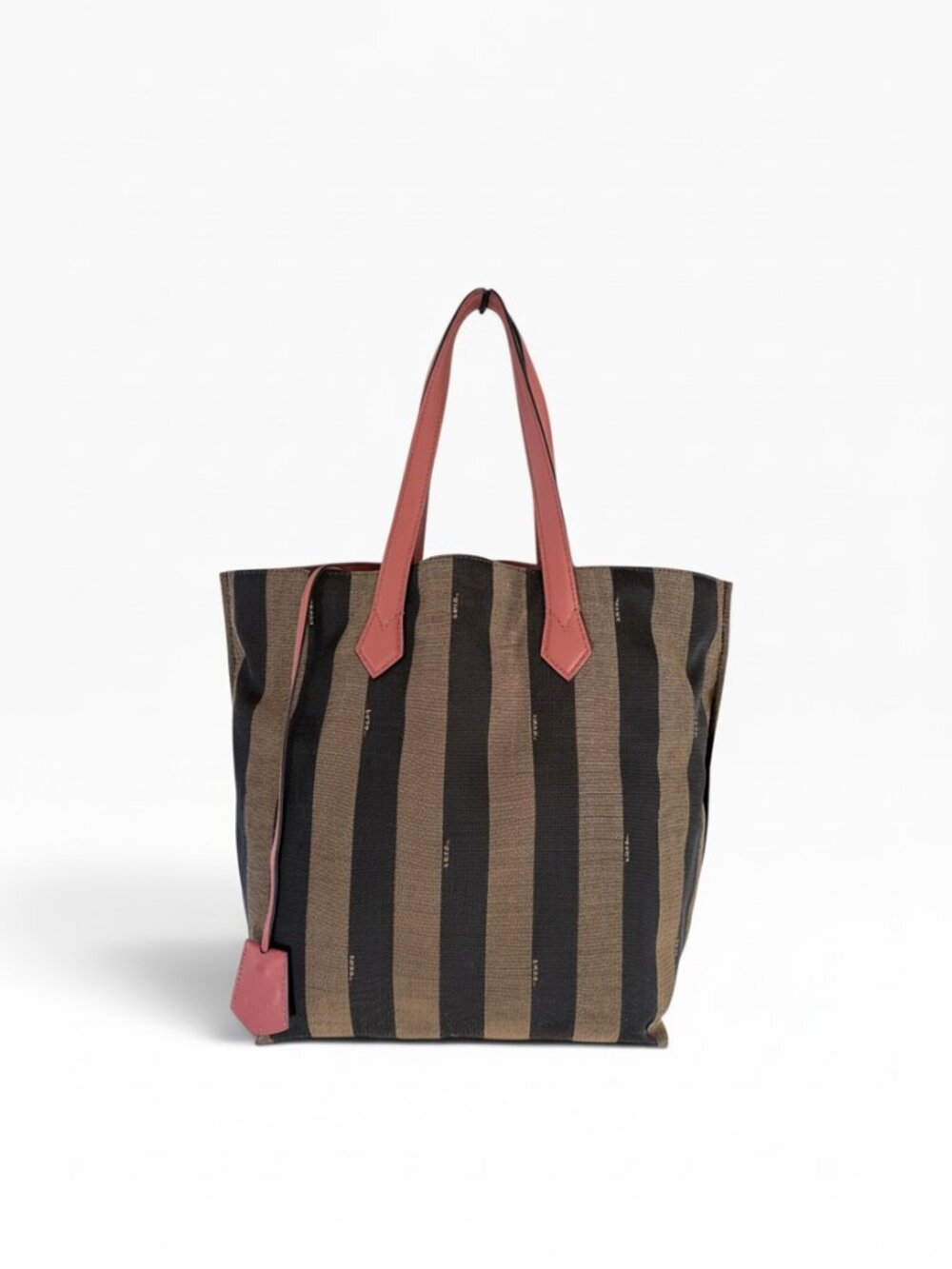 Fendi Pequin Roll Tote 8BH185 Tobacco Stripe Canvas Pink Leather Shoulder Bag